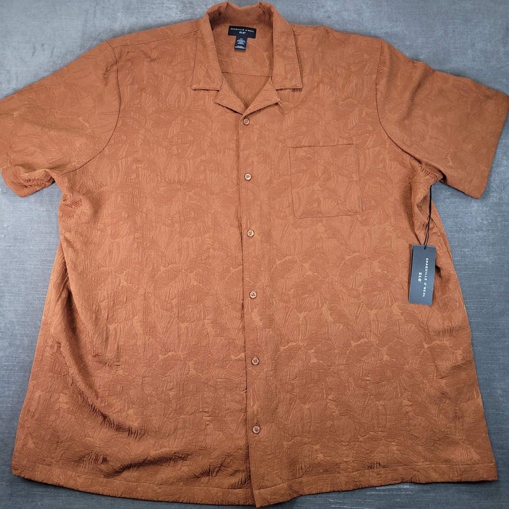 Shaquille O'Neal XLG Mens 4XLT Rich Maple‎ Textured Camp Shirt Short Sleeve New